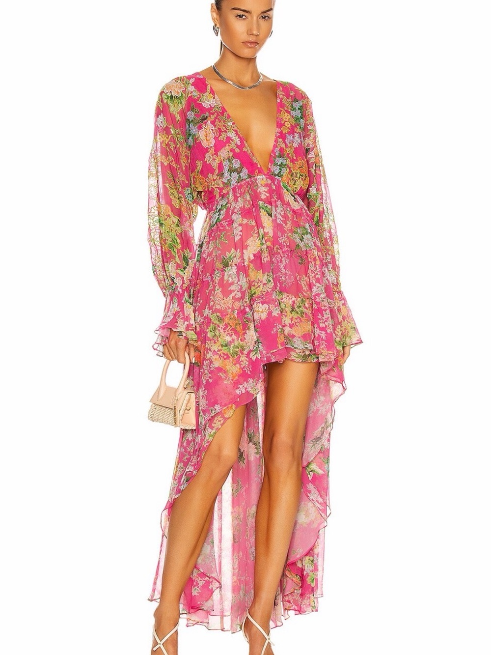 HEMANT & NANDITA Pink Floral High-Low V-Neck Dress